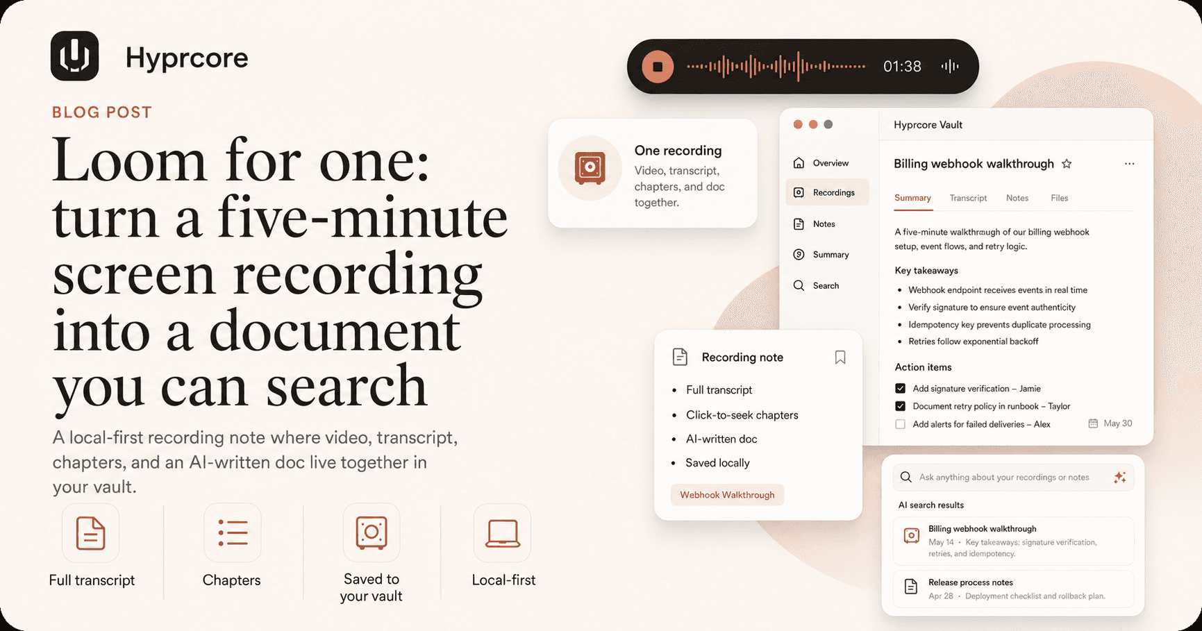 A five-minute screen recording turned into a transcript, chapters, and a written document saved in a local vault.